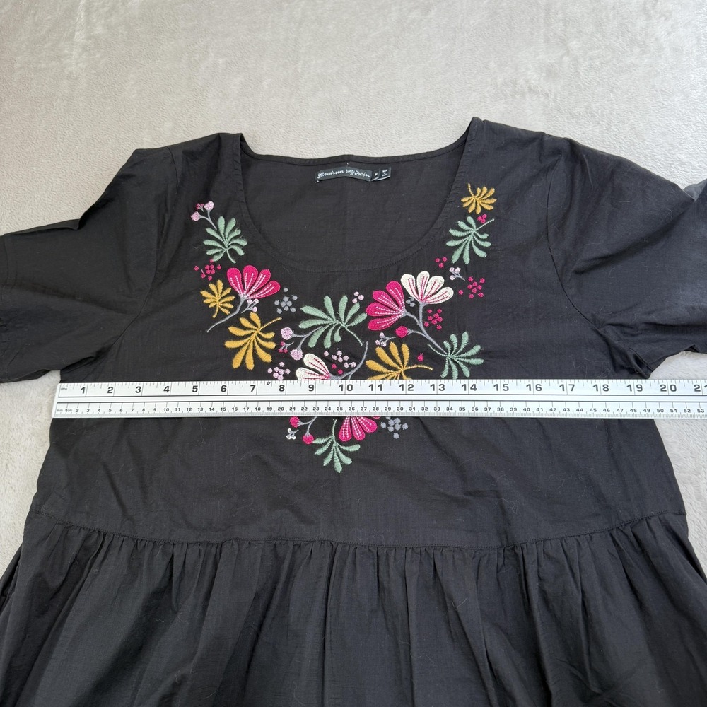 Gudrun Sjoden Dress Womens M Black Embroidered Floral Lagenlook Organic Cotton - Picture 8 of 12